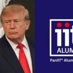 Images of Trump (L) and Pan IIT Alumni India logo (R).