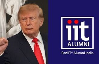 Images of Trump (L) and Pan IIT Alumni India logo (R).