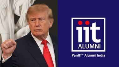 Images of Trump (L) and Pan IIT Alumni India logo (R).
