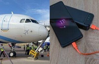 Images of an Indigo flight (L) and a power bank charging a phone (R). Images are for representative proposes only.