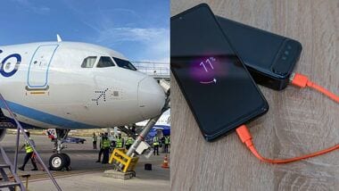 Images of an Indigo flight (L) and a power bank charging a phone (R). Images are for representative proposes only.