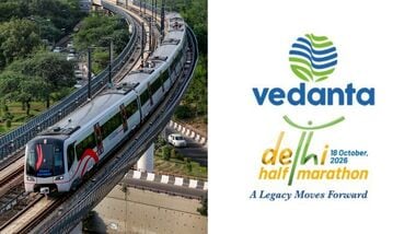 Images of Delhi Metro train (L) and a logo of Vedanta Delhi Half Marathon (R).