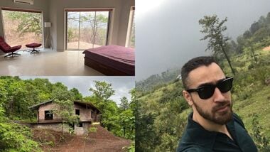 Take tour of Imran Khan's minimal Karjat house featuring stone plinth, steel roof beams and glass doors.