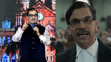 Ujjwal Nikam at Prahaar event (L) and Rajkummar Rao as Nikam in Prabhaar (R).