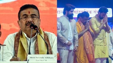 Image of CM Suvendu Adhikari (L) and CM Suvendu Adhikari with Ranbir Kapoor and Yash in Kolkata (R).