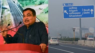 Image of Nitin Gadkari (L) and Delhi-Meerut expressway (R).