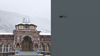 Images of Badrinath temple (L) and a flying helicopter that is went missing in Chamoli on Friday (R).
