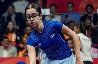 India's Anahat Singh competes at Silicon Valley Open Squash tournament.