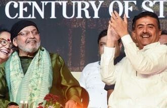 West Bengal Chief Minister Suvendu Adhikari and actor and BJP leader Mithun Chakraborty at an event in Kolkata.