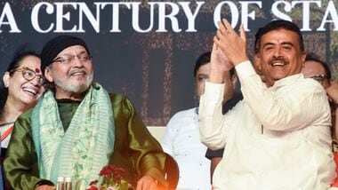 West Bengal Chief Minister Suvendu Adhikari and actor and BJP leader Mithun Chakraborty at an event in Kolkata.