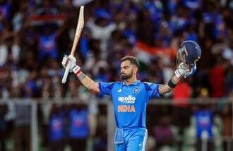 India's Virat Kohli celebrates his century during the 1st ODI against West Indies at Greenfield International Stadium, in Thiruvananthapuram on Sunday.