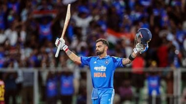 India's Virat Kohli celebrates his century during the 1st ODI against West Indies at Greenfield International Stadium, in Thiruvananthapuram on Sunday.