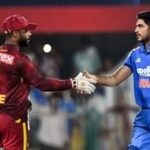 Indian skipper Shubman Gill shakes hands with the West Indies skipper Shai Hope after the 2nd ODI at Barsapara Cricket Stadium, in Guwahati on Wednesday.
