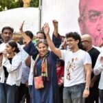 Cockroach Janta Party (CJP) founder Abhijit Dipke, along with Chief Spokesperson Saurav Das, National Spokesperson Ashutosh Ranka, Singer Vishal Dadlani, and Actor Shabana Azmi, during a protest seeking Chief Election Commissioner Gyanesh Kumar's resignation over voter roll deletions at Chhatrapati Shivaji Maharaj Park, Dadar, in Mumbai