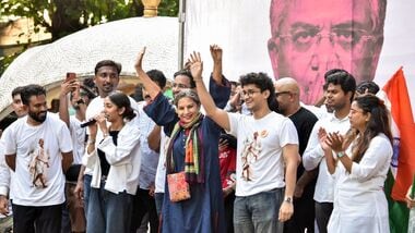 Cockroach Janta Party (CJP) founder Abhijit Dipke, along with Chief Spokesperson Saurav Das, National Spokesperson Ashutosh Ranka, Singer Vishal Dadlani, and Actor Shabana Azmi, during a protest seeking Chief Election Commissioner Gyanesh Kumar's resignation over voter roll deletions at Chhatrapati Shivaji Maharaj Park, Dadar, in Mumbai