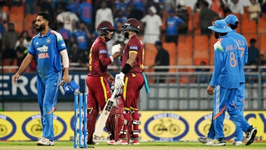 West Indies captain Shai Hope and Gudakesh Motie celebrate as their team wins by 5 wickets in the 3rd ODI against India.