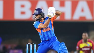 India skipper Shreyas Iyer plays a shot during the second T20I against West Indies in Ranchi on Friday.