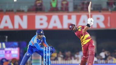 West Indies skipper Shai Hope plays a shot during the 2nd T20I against India at JSCA International Stadium, in Ranchi on Friday.