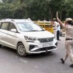 Vehicles are being checked as security tightens at the Gazipur Border in view of the CJP protest, in New Delhi