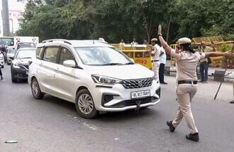 Vehicles are being checked as security tightens at the Gazipur Border in view of the CJP protest, in New Delhi