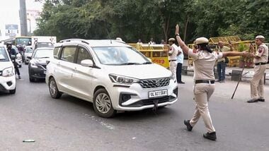 Vehicles are being checked as security tightens at the Gazipur Border in view of the CJP protest, in New Delhi