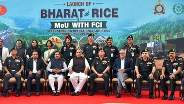 Union Defence Minister Rajnath Singh poses for a group picture with Union Minister of Consumer Affairs Food and Public Distribution Pralhad Joshi, Chief of the Army Staff (COAS), General Dhiraj Seth, MGASC HQ Northern Command (Northern Command - Indian Army) Major General S Sooraj and other dignitaries during the MoU signing event between the Indian Army and Food Corporation of India (FCI) as Indian Army launches ‘Bharat Rice’ for the defence forces at Manekshaw Centre, in New Delhi.