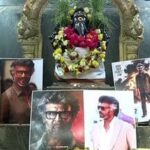 A view of the posters of Rajinikanth installed by fans at the Arulmigu Selva Vinayagar Temple as they seek success for the actor's upcoming film, Jailer 2 in Tiruchirappalli