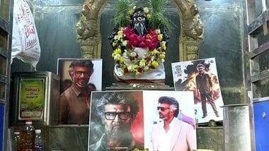 A view of the posters of Rajinikanth installed by fans at the Arulmigu Selva Vinayagar Temple as they seek success for the actor's upcoming film, Jailer 2 in Tiruchirappalli