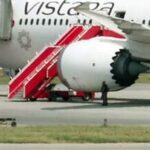 A view of the Frankfurt-to-Delhi Air India flight AI2030 at the Jaipur International Airport following its diversion due to a security threat, in Jaipur on Wednesday. Further probing is underway.