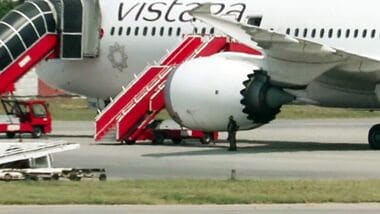 A view of the Frankfurt-to-Delhi Air India flight AI2030 at the Jaipur International Airport following its diversion due to a security threat, in Jaipur on Wednesday. Further probing is underway.