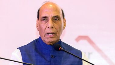 Union Defence Minister Rajnath Singh delivers a speech at the launch of IIT Kanpur's ‘Greater Than Us' campaign at Bharat Mandapam, in New Delhi on Wednesday. (@SpokespersonMoD X/ANI Photo)
