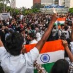 CJP supporters hold the Tricolour as they gather in large numbers near Palika Bazar during the Tiranga March, in New Delhi on Friday. (ANI Photo/ Amit)