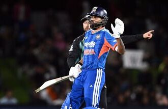 Indian skipper Shreyas Iyer plays a shot during the 1st T20I against New Zealand at Hagley Oval ground, in Christchurch on Thursday.