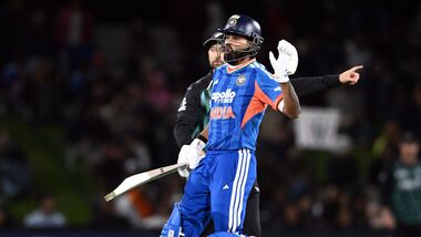 Indian skipper Shreyas Iyer plays a shot during the 1st T20I against New Zealand at Hagley Oval ground, in Christchurch on Thursday.