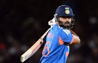 India's Naman Dhir plays a shot during the 1st T20I against New Zealand at Hagley Oval ground, in Christchurch on Thursday.