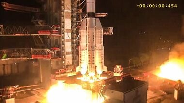 A view of the GSLV-F18 rocket carrying the NVS-03 satellite lifts off from the Satish Dhawan Space Centre, in Sriharikota on Friday. (ISRO/ANI Video Grab)