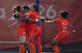 Indian players celebrate scoring a goal against team China during the women's hockey gold medal match at the Asian Games in Gifu, Japan.