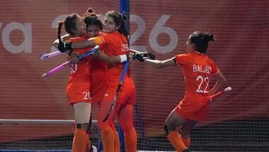 Indian players celebrate scoring a goal against team China during the women's hockey gold medal match at the Asian Games in Gifu, Japan.