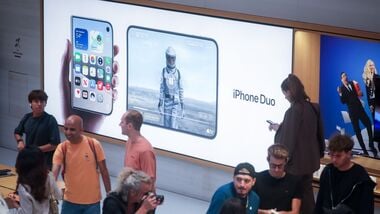 Apple iPhone Duo smartphone signage during the first day of in-store sales of Apple's latest products at Apple's Fifth Avenue store in New York, US, on Friday, Sept. 18, 2026. Apple launched new products including the iPhone 18 Pro line, AirPods 5 earbuds and fresh smartwatches. Photographer: Michael Nagle/Bloomberg