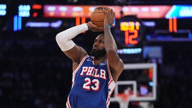 Philadelphia 76ers forward LeBron James shoots during the second half of an NBA basketball game against the New York Knicks.