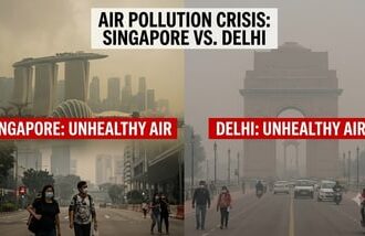 Smoke from Indonesian wildfires pushes Singapore’s AQI into the unhealthy range, while Delhi records moderate air quality. Compare the latest readings.  (AI generated image)