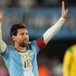 Argentina's Lionel Messi celebrates after scoring his goal from the penalty spot during his final match for the national team against Benin in Buenos Aires on Tuesday.