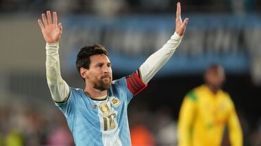 Argentina's Lionel Messi celebrates after scoring his goal from the penalty spot during his final match for the national team against Benin in Buenos Aires on Tuesday.