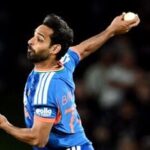 India's Bhuvneshwar Kumar bowls during the 1st T20I against New Zealand at Hagley Oval.