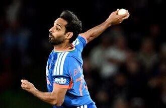 India's Bhuvneshwar Kumar bowls during the 1st T20I against New Zealand at Hagley Oval.