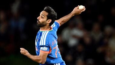 India's Bhuvneshwar Kumar bowls during the 1st T20I against New Zealand at Hagley Oval.