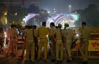 BSF personnel, along with Delhi and Noida Police, conduct security checks at the Noida–Delhi Chilla Border ahead of the ‘Cockroach Janata Party’ (CJP) protest