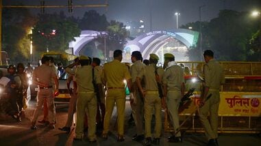 BSF personnel, along with Delhi and Noida Police, conduct security checks at the Noida–Delhi Chilla Border ahead of the ‘Cockroach Janata Party’ (CJP) protest