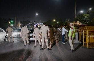BSF personnel, along with Delhi and Noida Police, conduct security checks at the Noida–Delhi Chilla Border ahead of the ‘Cockroach Janata Party’ (CJP) protest scheduled at Jantar Mantar in Delhi on Friday, October 09, 2026. (Photo by Sunil Ghosh / Hindustan Times)