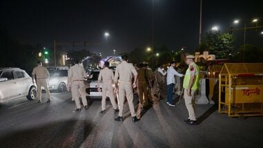 BSF personnel, along with Delhi and Noida Police, conduct security checks at the Noida–Delhi Chilla Border ahead of the ‘Cockroach Janata Party’ (CJP) protest scheduled at Jantar Mantar in Delhi on Friday, October 09, 2026. (Photo by Sunil Ghosh / Hindustan Times)